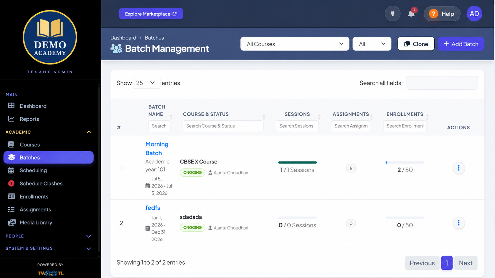 TWOOTL Batch Management screen with fictional Demo Academy branding